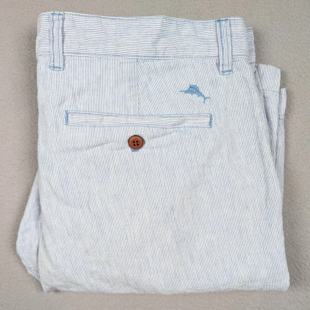 Tommy Bahama Shorts Mens 35 Blue White Pinstripe Linen Cotton Flat Front Marlin